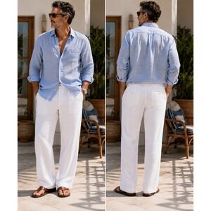 Godbody Collection Men White 100% Linen Wide Leg Trousers Pants Size 2XL 40x32.5